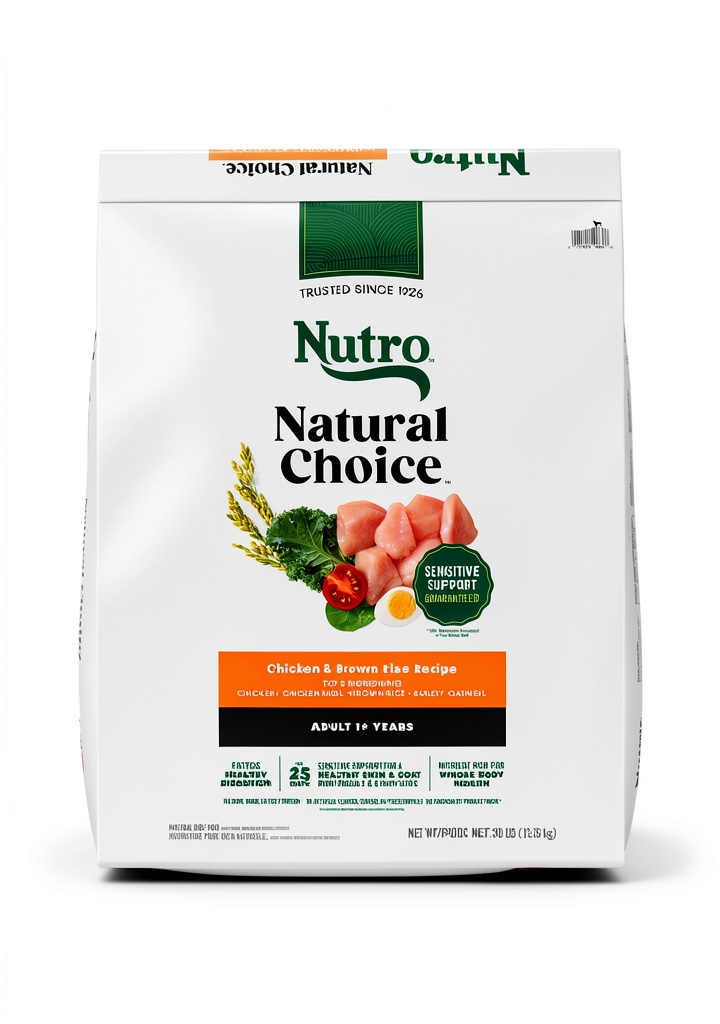 Close-up of Nutro Natural Choice kibble showing texture and size variation for different dog breeds