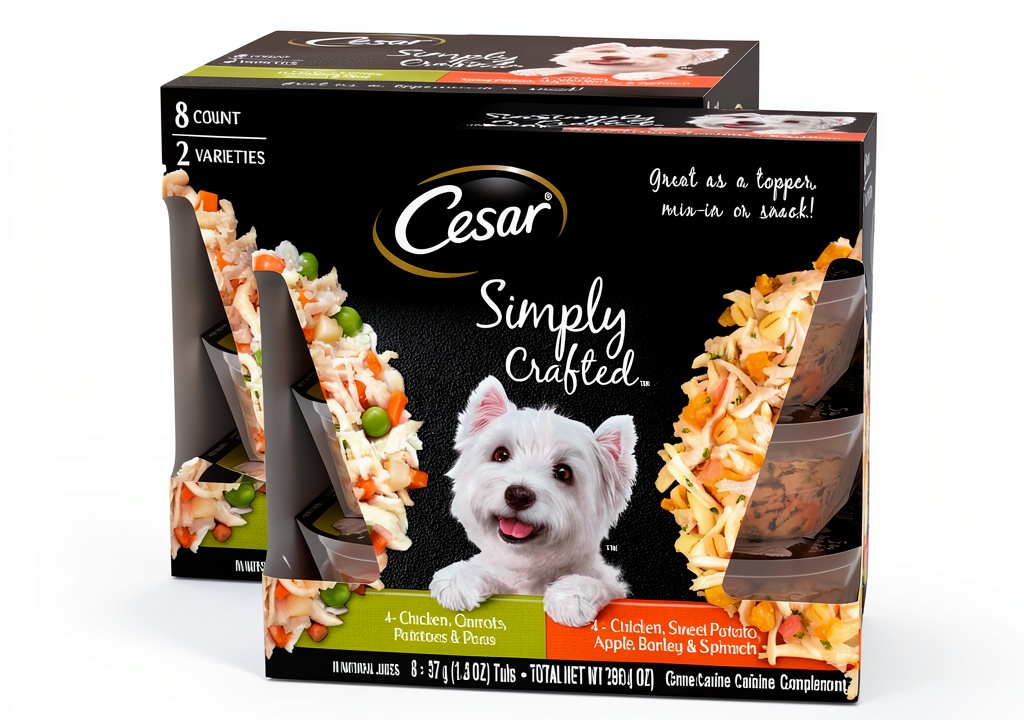 Cesar Wet Dog Food Topper Variety Pack showing easy-peel trays and ingredients
