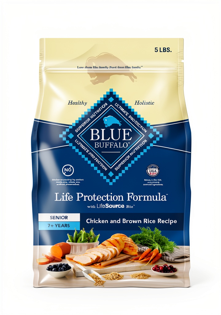 Blue Buffalo Senior Dog Food bag showcasing ingredients and packaging