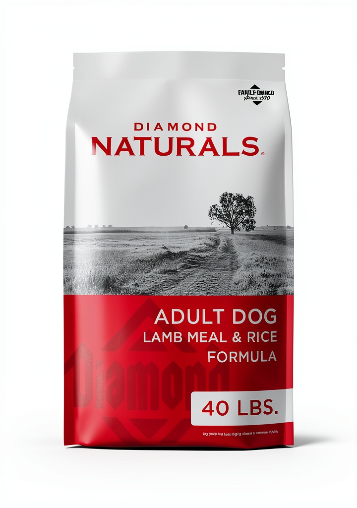 Diamond Naturals Lamb Meal and Rice dog food bag on a kitchen counter