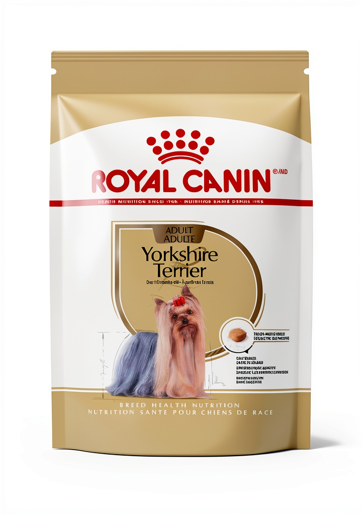 Real-life context showing Yorkshire Terrier eating Royal Canin kibble on a kitchen counter