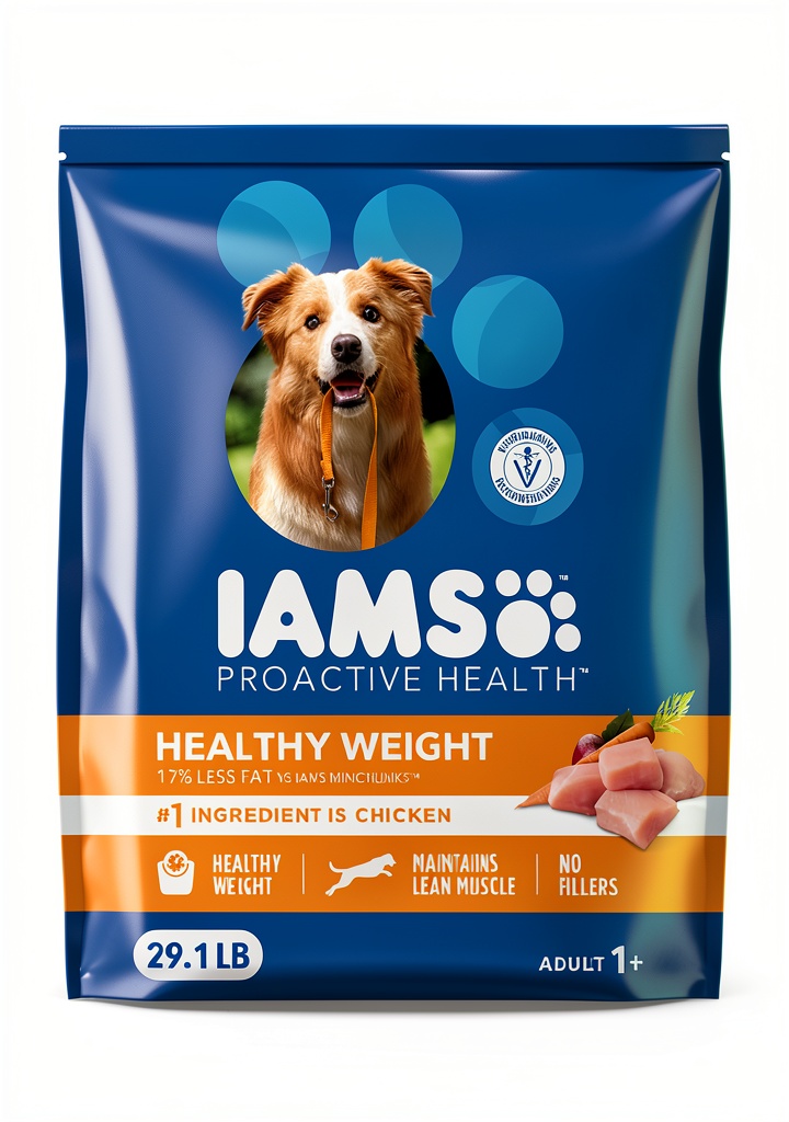 Installing IAMS Healthy Weight Dog Food Chicken Formula Adult Dogs on a kitchen counter