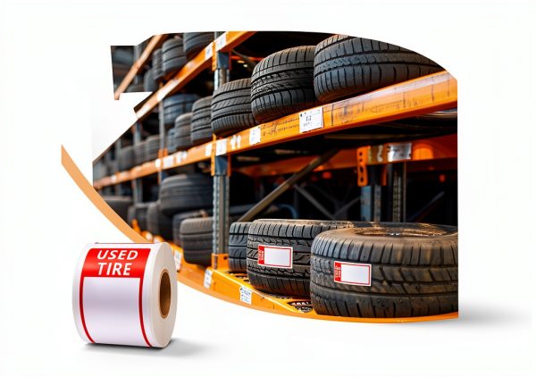 300 Stickers Used Tire Label Affrolling 6x2-3/4 Inch Red White-0